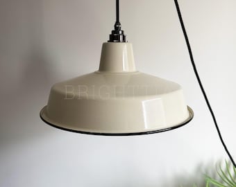 Vintage Industrial Beige 14in Classic Cap Lamp Shade- Porcelain Enamel Metal Shade with Minor Chips And Marks for DIY Hanging Pendant Light