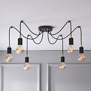 6-Light Spider Pendant Chandelier, Modern Industrial Ceiling Light, Adjustable Black & Gold Pendant Lamp for Dining Room, Living Room Decor