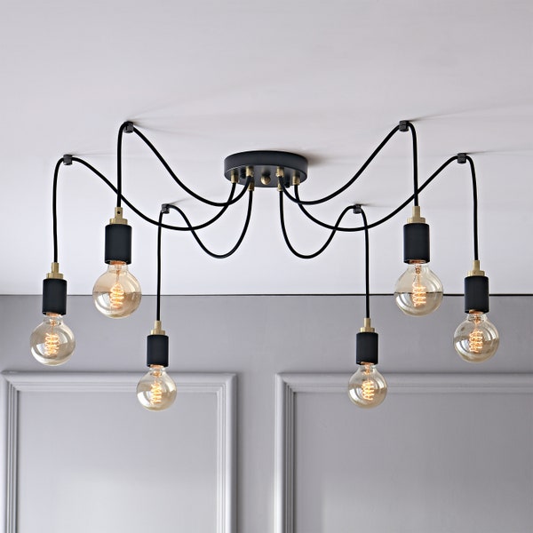 Lustre suspendu araignée 6 lumières avec dessus doré - Éclairage industriel moderne pour salle à manger et cuisine - Luminaire à ampoule apparente Mid-Century