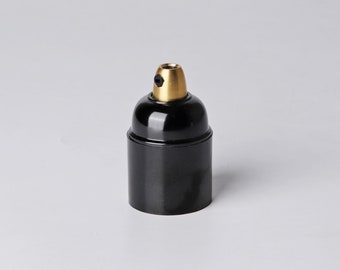 Black Bakelite Threadless Light Bulb Socket With Brass Cord Grip - E26 Lamp Holder for Custom Lighting Project Fixtures - DIY Lamp Parts
