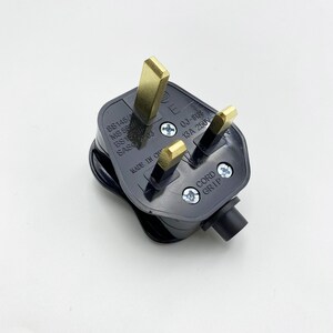 May include: A black three-pronged electrical plug with gold-colored prongs. The plug has the text "SS145/ MS 589/ BS15831A SASO 2203 E OJ-8138 13A 250V CORD GRIP" printed on it.