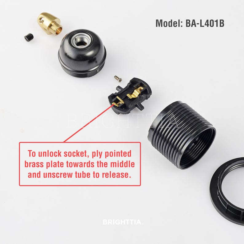 Full Thread Light Socket + Brass Cord Grip - Black Shade Ready E26 Lamp Holder for Custom Handmade Light Fixtures - Industrial DIY Lighting image 3