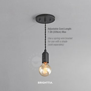 A STEP UP black hanging pendant light fixture with a globe style Edison light bulb. Ceiling mounted on a gray background.