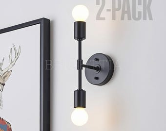 Arandela de parede moderna industrial com 2 lâmpadas – Luminária de parede preta com lâmpadas expostas para banheiro – Pacote com 2 unidades
