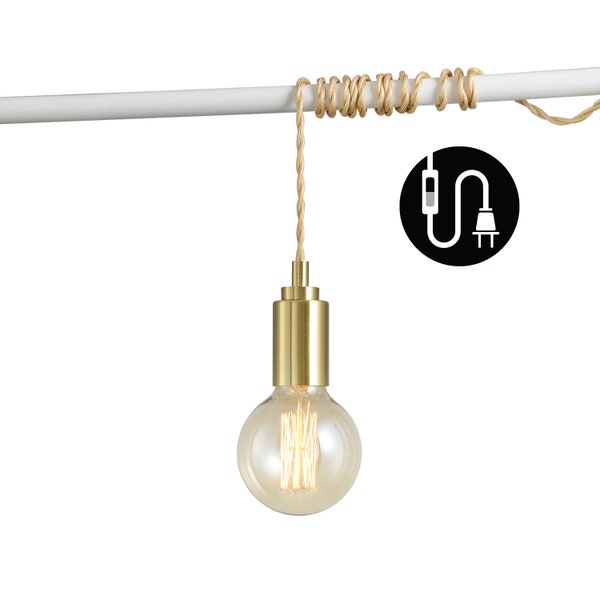 Brushed Gold Plug-In Simple Swag Pendant Ceiling Light With Gold Top - Modern Minimalist Exposed Edison Bulb Lighting - 15Ft Fabric Cord