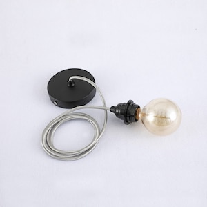 May include: Black ceiling light fixture with a silver cord and a clear glass bulb.