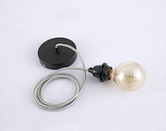 Lámpara colgante industrial moderna con portalámparas para pantalla y cable de tela plateado - Luminaria de cableado fijo para iluminación creativa de comedor y cocina (hazlo tú mismo).