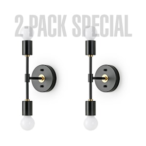 Black & Gold 2-Light Wall Sconce - 2PACK - Mid Century Industrial Wall/Ceiling Lamp - Modern Minimalist Bathroom And Hallway Lighting