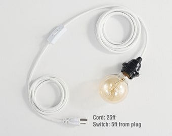 May include: White electrical cord with a black socket and a light bulb. The cord has an inline switch and a plug. Cord: 25ft Switch: 5ft from plug