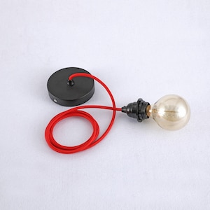 May include: A black ceiling rose with a red cord and a clear glass light bulb.