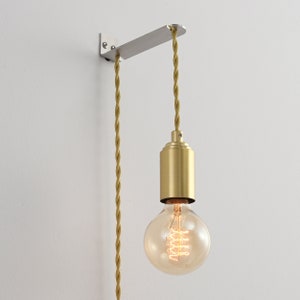 Brushed Gold Light with Plug-in Cord And Wall Bracket Kit - Modern Minimalist Exposed Bulb Hanging Lamp For Wall And Ceiling (STEP UP)