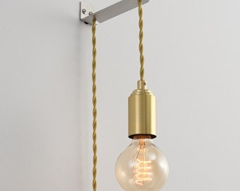 Brushed Gold Light with Plug-in Cord And Wall Bracket Kit - Modern Minimalist Exposed Bulb Hanging Lamp For Wall And Ceiling (STEP UP)