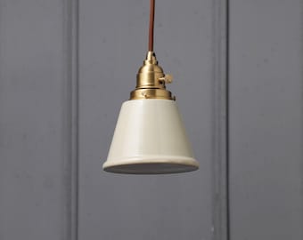 Beige Industrial Pendant Light Fixture - 5.5in Porcelain Enamel Metal Lamp Shade - Dining & Kitchen Island Hanging Lamp Ceiling Fixture