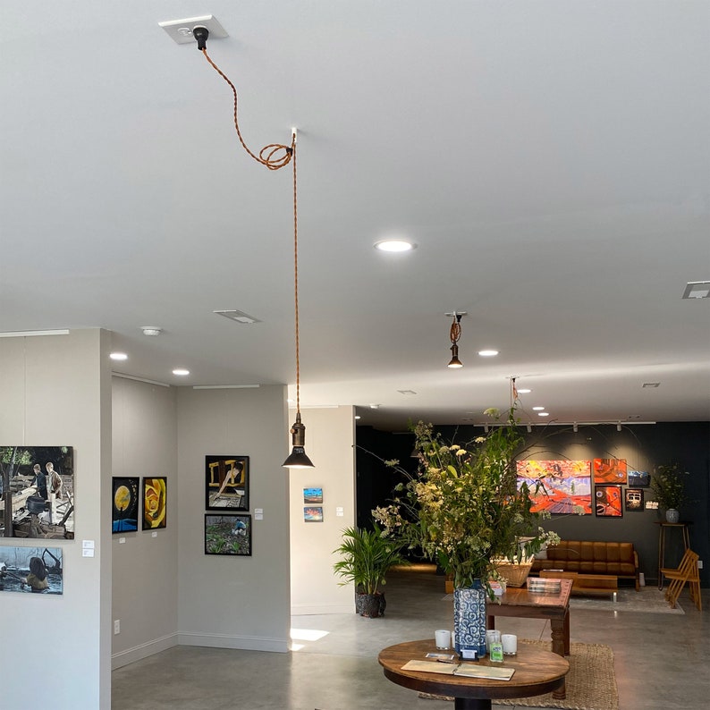 A white Easy Hook used to swag a plug-in pendant light to position at art gallery - credit-Bloomfield-Richwood