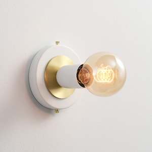 LUNA White & Gold Flush Mount Light - Mid Century Industrial Modern Wall Sconce Or Ceiling Light Fixture For Hallways and Small Rooms