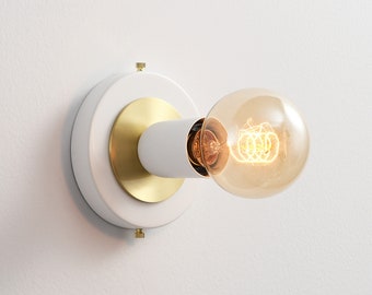 LUNA White & Gold Flush Mount Light - Mid Century Industrial Modern Wall Sconce Or Ceiling Light Fixture For Hallways and Small Rooms