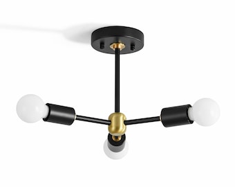 3-Light Semi Flush Ceiling Light Fixture - Black & Gold - Industrial Modern Minimal Sputnik Lighting - Mid Century Exposed Bulb Lamp