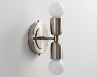 LUNA Duo Brushed Nickel Wall Sconce - Mid Century Industrial Modern 2-Light Lamp For Wall And Ceiling - Vanity Mirror and Bathroom Lighting