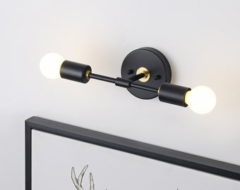 Applique murale à 2 lumières noir et or - Luminaire mural industriel moderne et minimaliste à ampoules apparentes - Éclairage intérieur du couloir de la vanité de la salle de bain