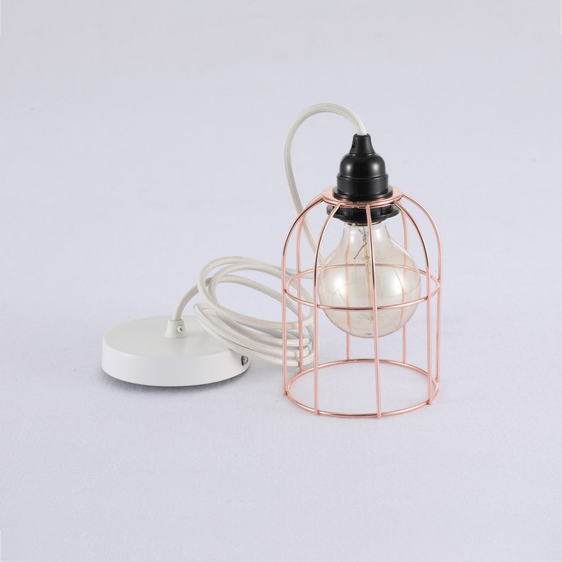 May include: A rose gold metal cage pendant light with a white cord and a white ceiling plate. The light bulb is visible inside the cage.