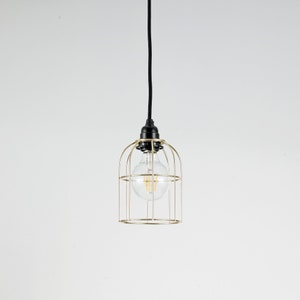 May include: A gold cage pendant light with a clear glass bulb hanging from a black cord.