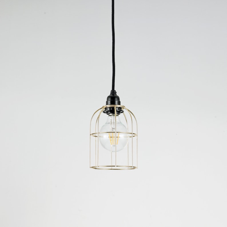 May include: A gold cage pendant light with a clear glass bulb hanging from a black cord.