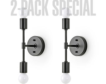 Aplique de pared lineal de 2 luces - Paquete de 2 - Lámpara de pared industrial de mediados de siglo con bombilla expuesta - Iluminación moderna minimalista para baño y pasillo