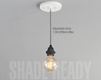 Shade-Ready Pendant Light Kit - Black White ZigZag Fabric Cord & Threaded Socket - Minimalist Hanging Swag DIY Lamp - Direct Wire Or Plug-in