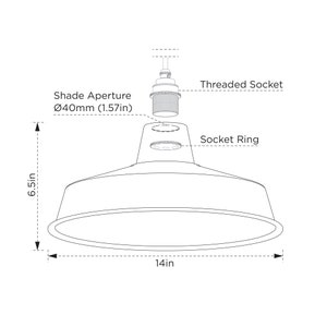 May include: Line drawing of a pendant light fixture. The shade is 14 inches wide and 6.5 inches tall. The shade aperture is 1.57 inches. The fixture includes a threaded socket and socket ring.