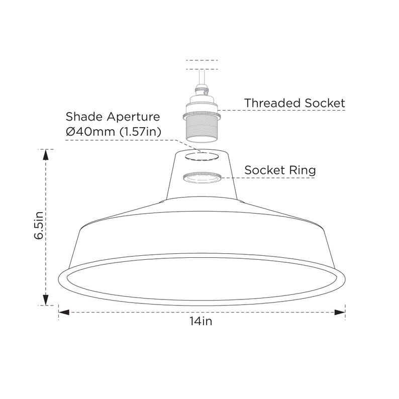 May include: Line drawing of a pendant light fixture. The shade is 14 inches wide and 6.5 inches tall. The shade aperture is 1.57 inches. The fixture includes a threaded socket and socket ring.