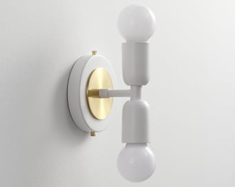 LUNA Duo White & Gold Wall Sconce - Mid Century Industrial Modern 2-Light Lamp For Wall And Ceiling - Vanity Mirror and Bathroom Lighting