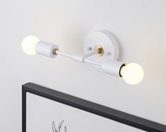 2-Light White & Gold Wall Sconce - Mid Century Modern Bathroom, Vanity, Hallway Lighting - Industrial Exposed Bulb Wall And Ceiling Lamp