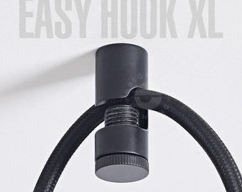Grote zwarte gemakkelijke haak - Heavy Duty minimalistische snoerhouderhaak voor swaghanger, kroonluchterverlichting en hangplant - montage op muur/plafond