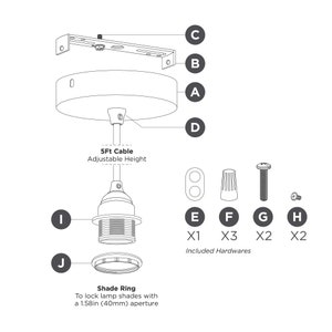 May include: A black and white line drawing diagram showing the parts of a ceiling light fixture. The diagram includes a 5ft cable, a shade ring, a canopy, a socket, and hardware. The text "5Ft Cable Adjustable Height" and "Shade Ring To lock lamp shades with a 1.58in (40mm) aperture" are included in the diagram.