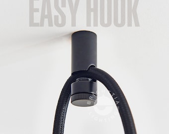 Black Easy Hook - Minimalist Cord Keeper Hook For Swag Pendant, Chandelier Lighting & Hanging Plant - Wall/Ceiling Mountable - 6 Colors