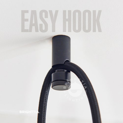 Black Easy Hook - Minimalist Cord Keeper Hook For Swag Pendant, Chandelier Lighting & Hanging Plant - Wall/Ceiling Mountable - 6 Colors