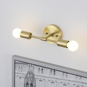 2 Light Brushed Gold Wall Sconce - Modern Minimalist Lighting For Bathroom, Vanity And Hallway - Industrial Exposed Bulb Wall Lamp Fixture