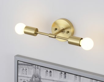 Applique murale à 2 lumières dorées brossées - Éclairage moderne et minimaliste pour la salle de bain, le meuble-lavabo et le couloir - Lampe murale industrielle à ampoules apparentes