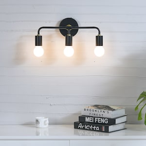 Black & Gold 3-Light Wall Sconce | Modern Industrial Vanity Light | Bathroom or Hallway Lighting Fixture | Exposed Bulb Lamp Design