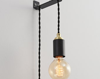 Black & Gold Light with Plug-in Cord And Wall Bracket Kit - Modern Minimalist Exposed Bulb Hanging Light For Wall And Ceiling (STEP UP)