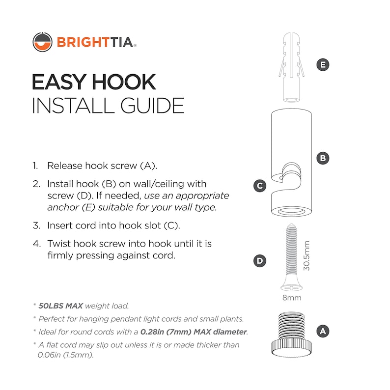 Brighttia Easy Hook Install Guide with illustration and 4 steps to follow.