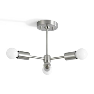 3-Light Semi Flush Ceiling Light - Brushed Nickel - Industrial Modern Minimalist Sputnik Chandelier Lighting - Mid Century Exposed Bulb Lamp