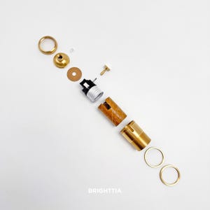 Peut inclure: Vue &eacute;clat&eacute;e d'un ensemble de composants de lampe, avec des &eacute;l&eacute;ments en laiton et marron. Les composants comprennent un anneau en laiton, une douille, un manchon textur&eacute; marron et d'autres petites pi&egrave;ces. Le mot "BRIGHTTIA" est imprim&eacute; en bas.