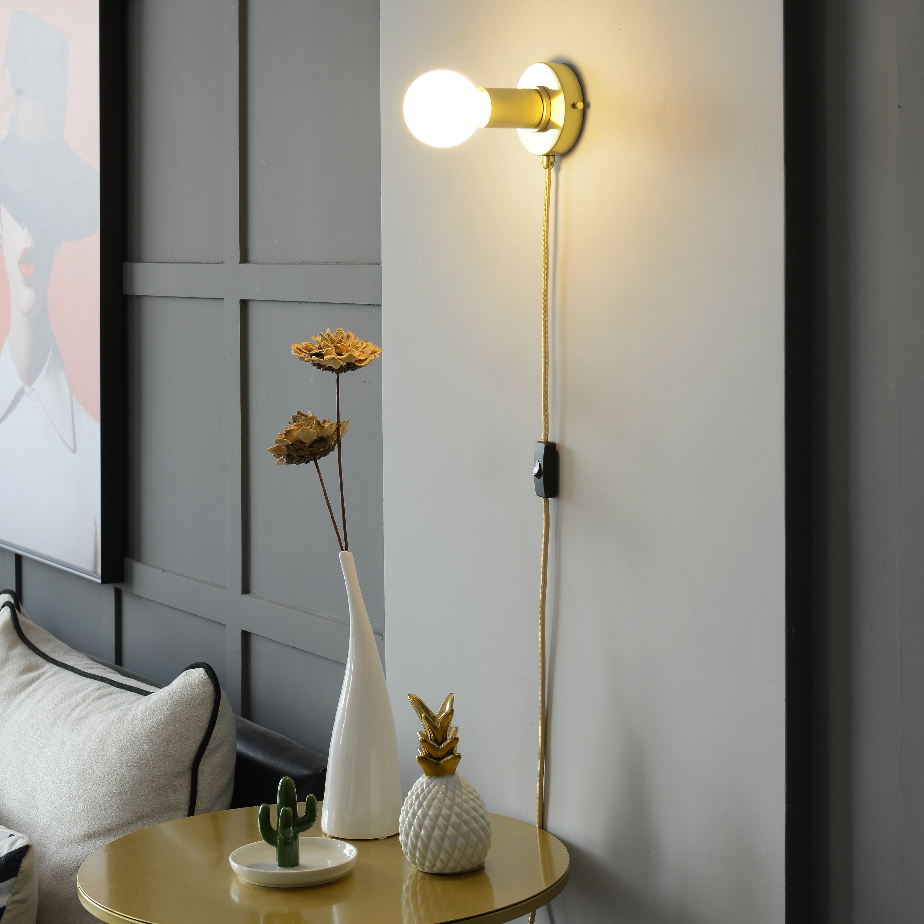 Brushed Gold Plug-in Wall Sconce Light - Industrial Modern Portable ...