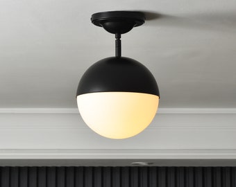 8" Frosted White Globe Pendant Light - Matte Black - Mid Century Modern Ceiling Fixture With Extension Rods For Kitchen Islands and Hallways