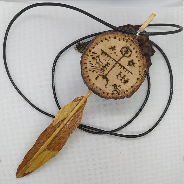 Shaman Drum Necklace and Wooden Eagle Feather, Wooden Shaman Pendant, Shamanism Amulet, Gift For Her, Wood Burning Pendant, Home Gifts