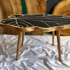 Hand Carved Leaf Motif Coffee Table, Solid Beech Wood Table, Organic Botanical Art Furniture, Nature Inspired Handmade Decor, Modern Art