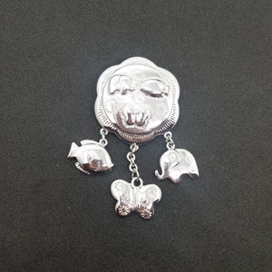 Signed TRIFARI Silvertone Dangle Brooch; Buttlerfly, Elephant, Fish; Engraved Vintage Pin; Trifari Jewelry