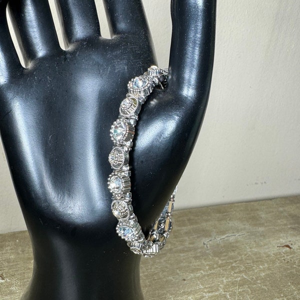 Silver Tone Rhinestone Stretch Bracelet ~ Vintage Costume Jewelry ~ Elegant Rhinestone Statement Piece ~ Classic Glam