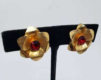 Clip-On Gold Tone Rose Earrings with Ruby Colored Rhinestone Center; Floral; Vintage